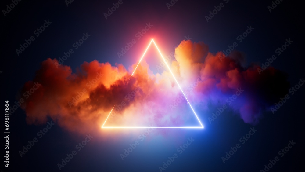 Poster 3d render, abstract geometric background of neon linear triangle inside the illuminated colorful clo