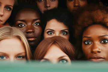 Close-up of diverse women's eyes and foreheads, showing different skin tones and eye colors. - obrazy, fototapety, plakaty
