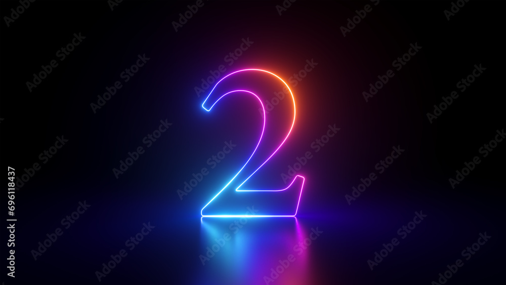Poster 3d render, abstract linear neon number two, glowing digit isolated on black background