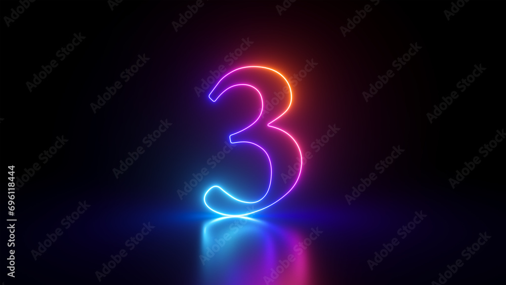 Poster 3d render, abstract linear neon number three, glowing digit isolated on black background