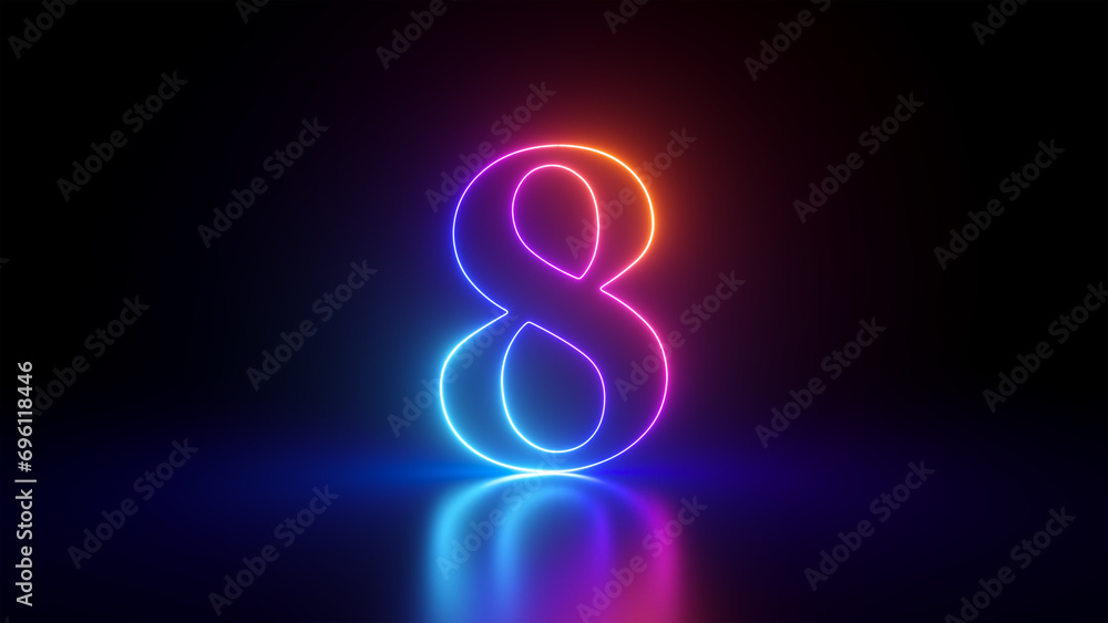 Poster 3d render, abstract linear neon number eight, glowing digit isolated on black background