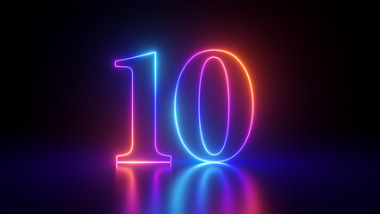 3d render, abstract linear neon number ten, glowing digit isolated on black background