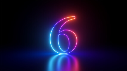 3d render, abstract linear neon number six, glowing digit isolated on black background