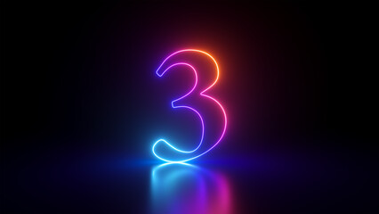 3d render, abstract linear neon number three, glowing digit isolated on black background