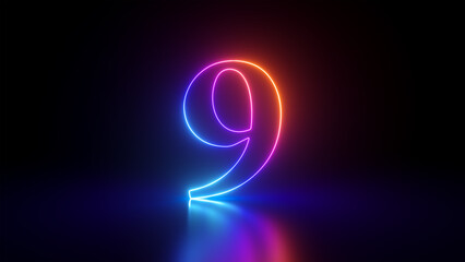 3d render, abstract linear neon number nine, glowing digit isolated on black background