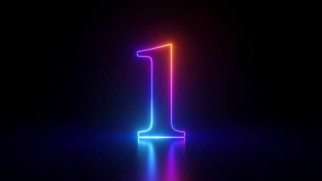 3d render, abstract linear neon number one, glowing digit isolated on black background