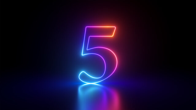 3d render, abstract linear neon number five, glowing digit isolated on black background