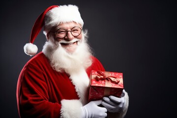 Naklejka premium Portrait santa claus smiling with sunglasses and a gift in his hands, copy space with generative ai