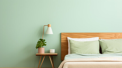 A cozy bedroom scene with a wooden bed and green linens, a side table with a lamp and plant against a mint wall.