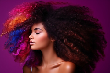 Fototapeta premium Beautiful portrait of a afrowoman with beautiful hair on a multicolor background