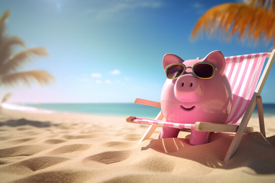 Financial freedom. Piggy bank relaxing on the sandy beach. Wealth growth and financial independence concept. High quality photo