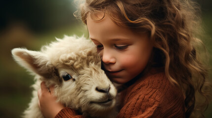 A tender moment captured between a child and a lamb, with the child embracing the lamb in a warm, loving hug. The softness of the lamb's wool and the child's curly hair add to the image's gentle feel.