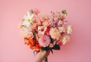 Fototapeta premium Crop anonymous person demonstrating bunch of colorful flowers against pink background. Generative AI