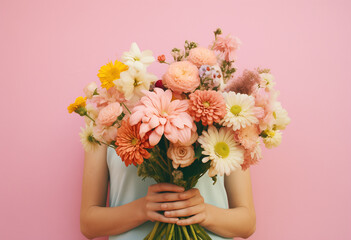Crop anonymous person demonstrating bunch of colorful flowers against pink background. Generative AI