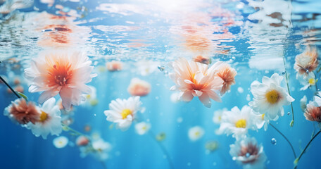 Concept of fresh spring flowers in blue water background. Love is in the water. Generative AI