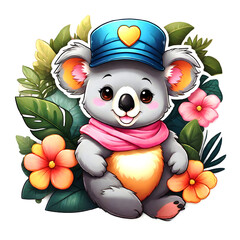 Cute cartoon koala wearing a blue hat  on nature background. Generative AI