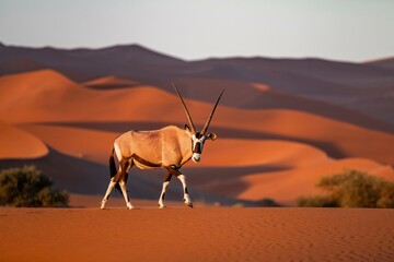 An oryx antelope strides elegantly in front of the red sand dunes of the Namib Desert, Sossusvlei region, Namib-Naukluft Park, Namibia, Africa