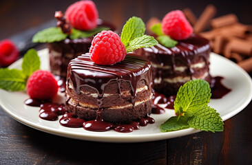 Chocolate cake with fresh raspberries close-up on a plate. Horizontal .