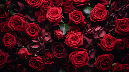 Red Valentine's Day Roses in Vibrant Deep Red Color - Overhead Flat Lay View of Floral Petals and Leaves - Romantic Holiday Color Tones