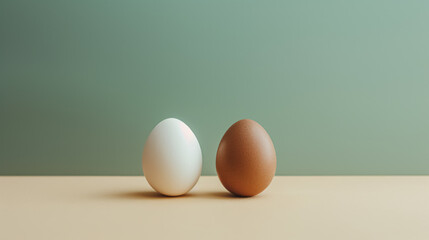 Two eggs, one white and one brown, standing upright on a beige surface with a pale green background.