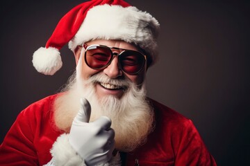 Portrait santa claus smiling with sunglasses and a gift in his hands, copy space with generative ai