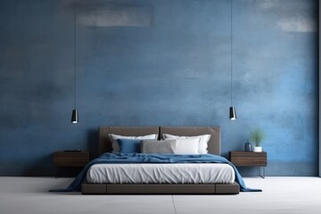 The interior design of blue minimal bedroom and concrete wall background