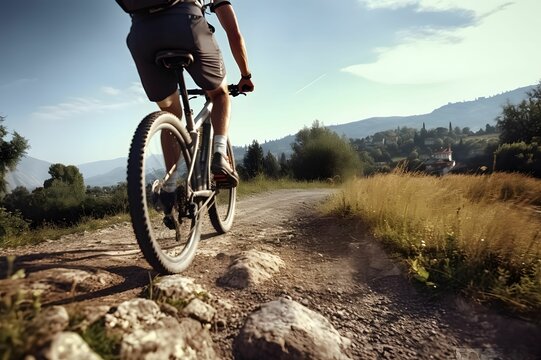 Countryside Cycling - Man Riding Mountain Bike, Back View, Low Angle Perspective