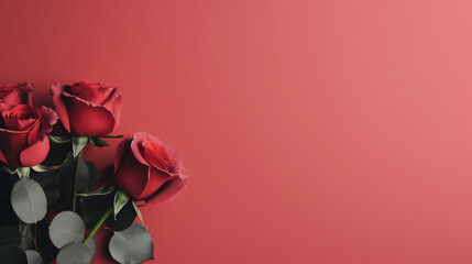 Fleurs, roses. Espace vide de composition. Ambiance chaleureuse. Saint-Valentin, amour, anniversaire. Plaisir, offrir. Arrière-plan pour conception et création graphique.