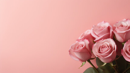 Fleurs, roses. Espace vide de composition. Ambiance chaleureuse. Saint-Valentin, amour, anniversaire. Plaisir, offrir. Arrière-plan pour conception et création graphique.