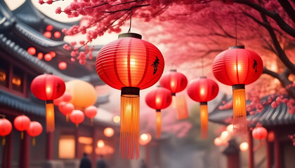 red lanterns in chinese temple,Chinese oriental watercolor background with traditional paper lanterns created with generative ai	 - obrazy, fototapety, plakaty