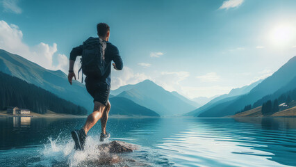 Man Running On Water, Man Walking Over Water, Person Running Over Water In Beautiful Mountain Landscape
