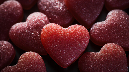 Obraz premium Close-up of red and pink sugar-coated heart-shaped candies with a focus on one in the center.