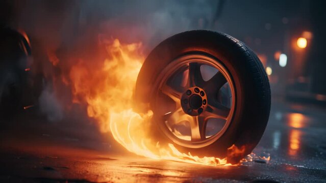 Burning tire on a night street after a drag racing animation