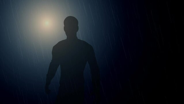 Mysterious man silhouette in the rain
