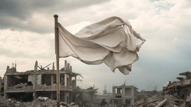 White flag waving in the wind in a ruined war torn desolated city animation