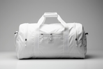White duffel bag on a gray background with a minimalist design. - obrazy, fototapety, plakaty