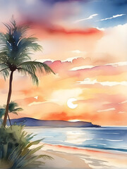 Sundown Serenity: Calming Watercolor Illustration of a Sunset Beach. generative AI