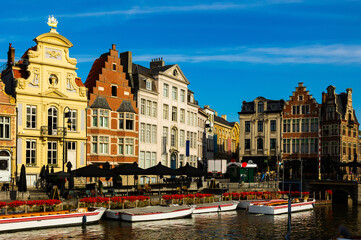 View of Graslei quay and Leie river in historic city center in Ghent, Belgium - obrazy, fototapety, plakaty