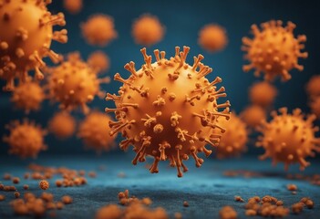 CORONAVIRUS - Orange cartoon virus isolated on blue abstract rustic texture background banner panorama