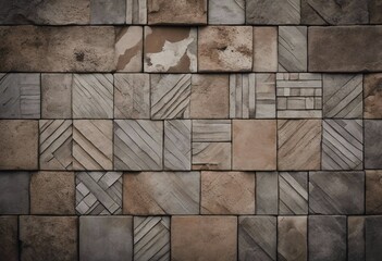 Old brown gray vintage shabby patchwork motif tiles stone concrete cement wall texture background
