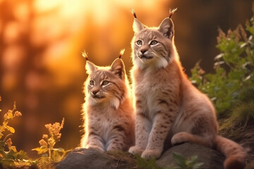 Naklejka na ściany i meble Lynx Cubs in Golden Sunset