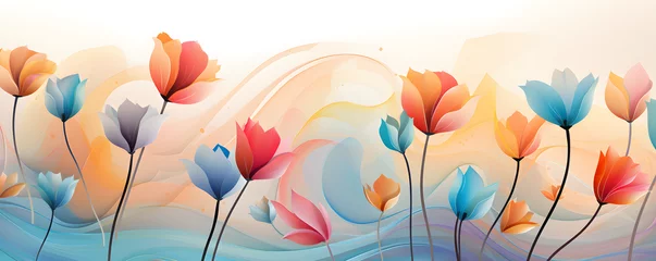 Foto op Canvas Floral banner with colorful flowers on a light background, suitable for horizontal posters, greeting cards, headers, banners, websites, and digital art, © NE97