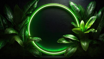 Leaves plant wall and neon light template. Green circle neon light with tropical leaves.