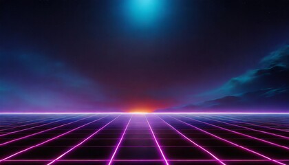 Synthwave retro cyberpunk style landscape background banner or wallpaper. 