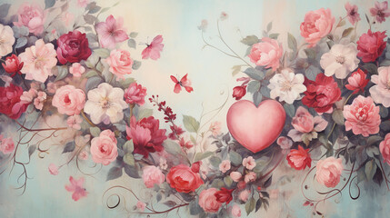 Obraz na płótnie Canvas Vintage Valentine's Day Oil Painting Pattern - Background in Pastel Tones with Hearts, Flowers, and Leaves/Foliage - With Weathered and Aged Overlay Aesthetic Effect