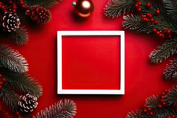 Red background with Christmas frame , flat lay and copy space with generative ai
