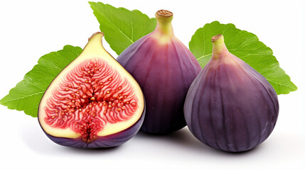 Isolated fig with leaf. Whole fig fruit and slice fig on white background. generative ai
