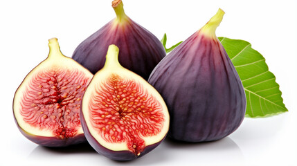 Isolated fig with leaf. Whole fig fruit and slice fig on white background. generative ai
