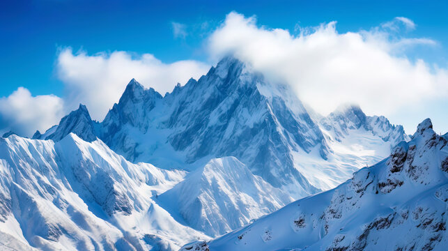 A landscape with mountain peaks covered with snow, against a bright sky
