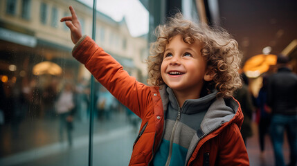 A happy little child with blonde hair pointing in a shop window shopping street and picking out gifts discount offers black friday Children's Day
